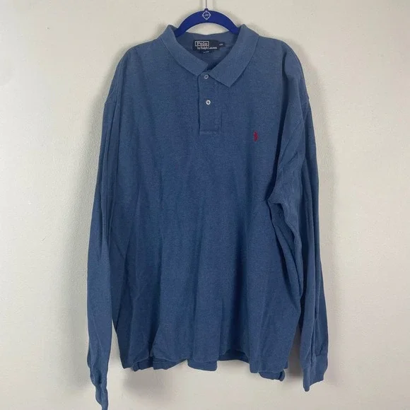 VTG Polo Ralph Lauren Long Sleeve Polo Shirt Blue Red Pony Logo Men's XXL‎