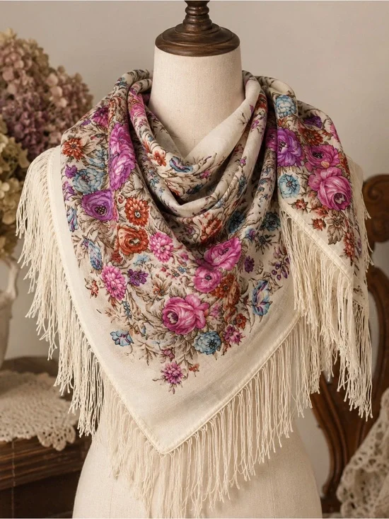 Vintage Russian 100% Wool Floral Scarf