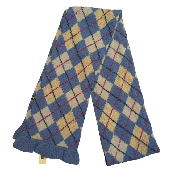 Vintage Deadstock GAP Scarf Blue Argyle 100% Lambswool Ruffle Trim Y2K Preppy