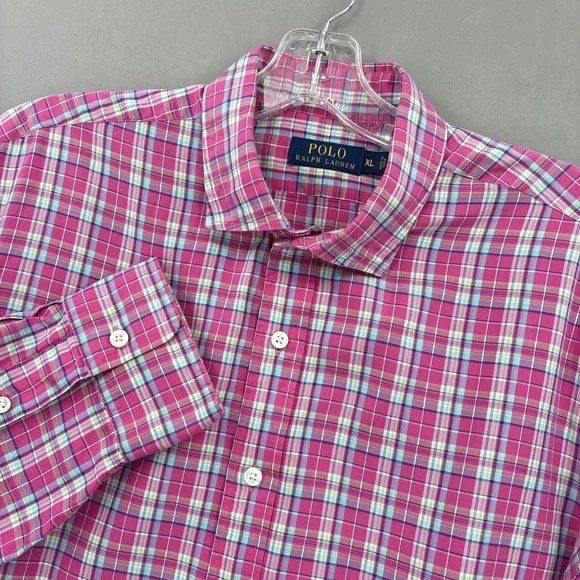 Polo Ralph Lauren Shirt‎ Mens XL Pink Multi Plaid Button Up Long Sleeve Madras