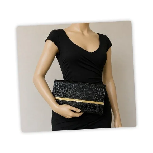 ALDO Black Faux Croc Clutch Wallet‎ Purse Envelope Gold Bar Snap Closure Large
