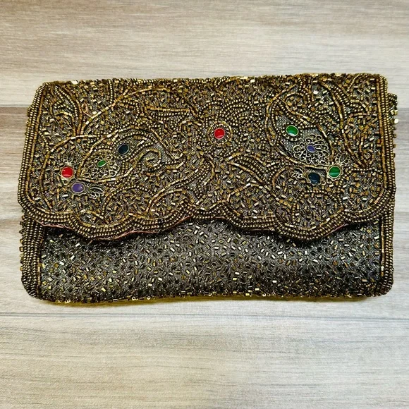 Vintage Hand Beaded La Regale Gold & Jewel Toned Clutch