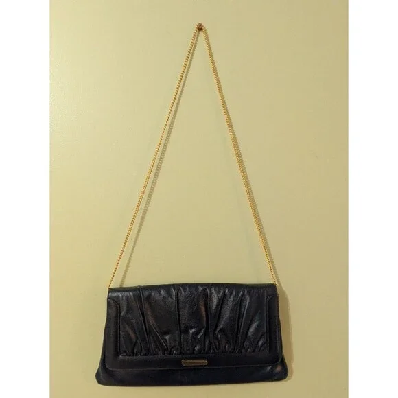 Vintage Susan Gail Dark Navy Leather Clutch W Gold Chain, MCM, Retro