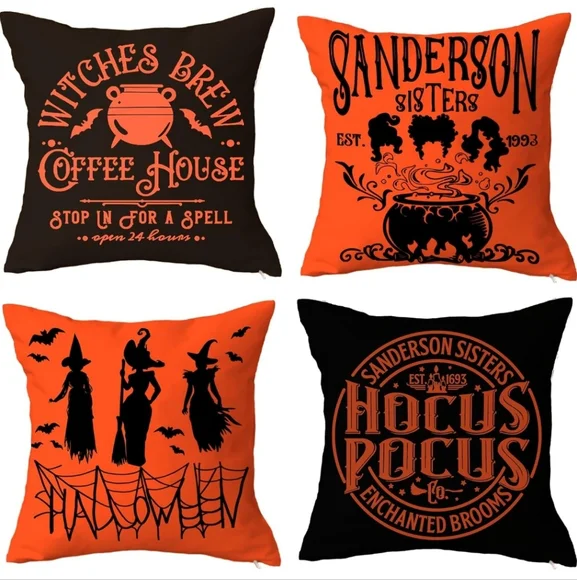 Halloween Pillow Covers Set - Witches Orange and Black Hocus Pocus Sanderson