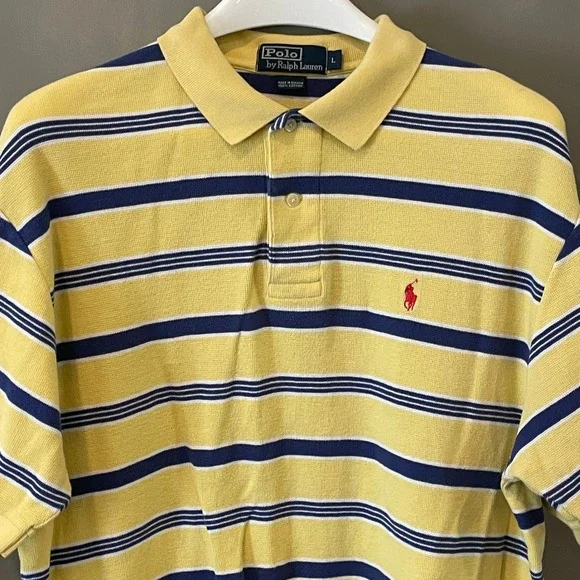 Polo Ralph Lauren Mens Large Yellow Striped Cotton Pique Short Sleeve Polo Shirt