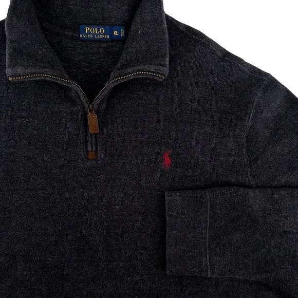 Polo Ralph Lauren Mens XL 1/4 Quarter Zip Sweater 100% Cotton Dark Gray Charcoal