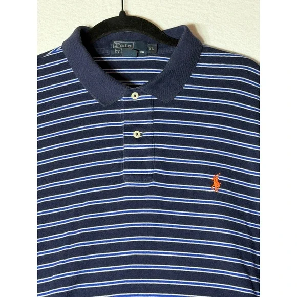 Vintage Polo Ralph Lauren Mens Striped Polo Shirt Navy Blue Orange‎ Pony Logo XL