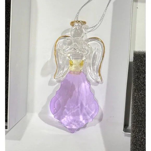 Glass Angel Ornament Purple Crystal Gold Trim Open Book Figurine Boxed