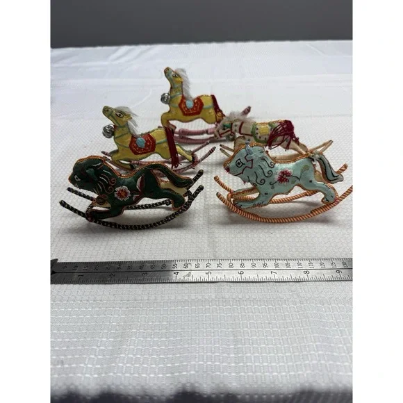 5 Vintage‎ Chinese Rocking Horse Lion Christmas Ornament Satin Embroidered *READ
