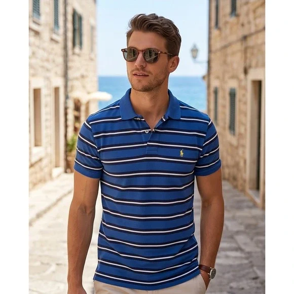 Polo Ralph Lauren M Blue‎ Striped Polo SS Yellow Pony Vtg Classic Fit Casual