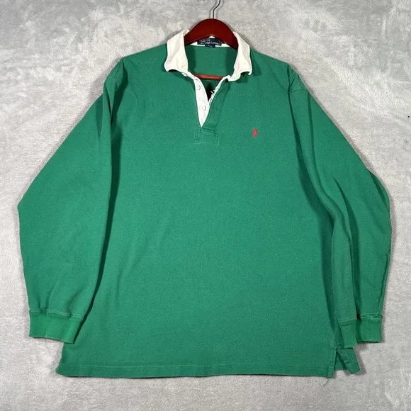 Polo Ralph Lauren Rugby Polo Shirt Mens Large Green Long Sleeve Distressed