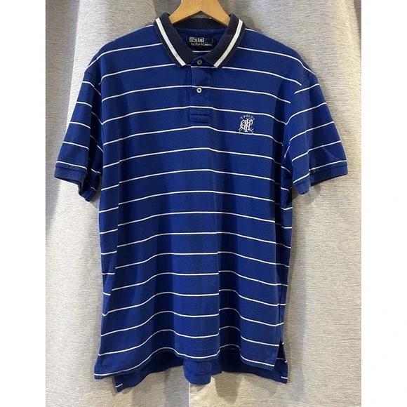 Polo Golf Ralph Lauren Polo Shirt Mens Large Blue White Striped‎ Athletic Rugby