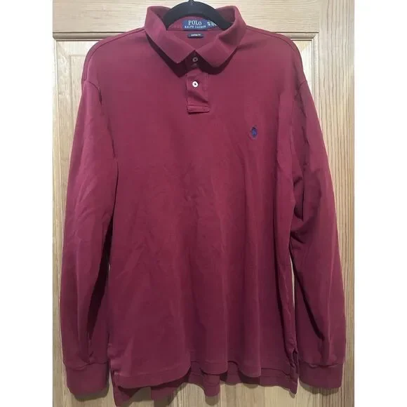 Polo Ralph Lauren Men's Polo Long Sleeve‎ Rugby Shirt Cotton Burgundy XL EUC