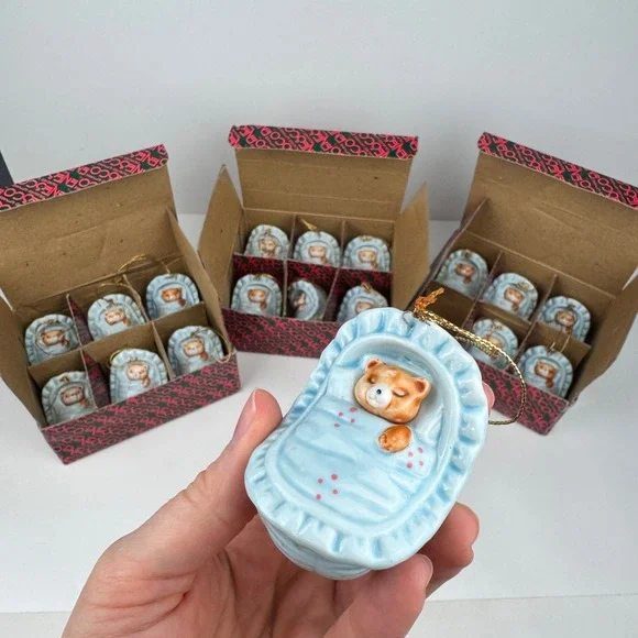 Vtg 1988 18 Enesco Teddy Bear Blue Bassinet Boy Baby Shower Gift Ornament READ