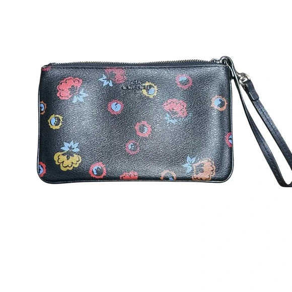 Coach Primrose Floral Print Black‎ Pebbled Leather Wristlet Wallet