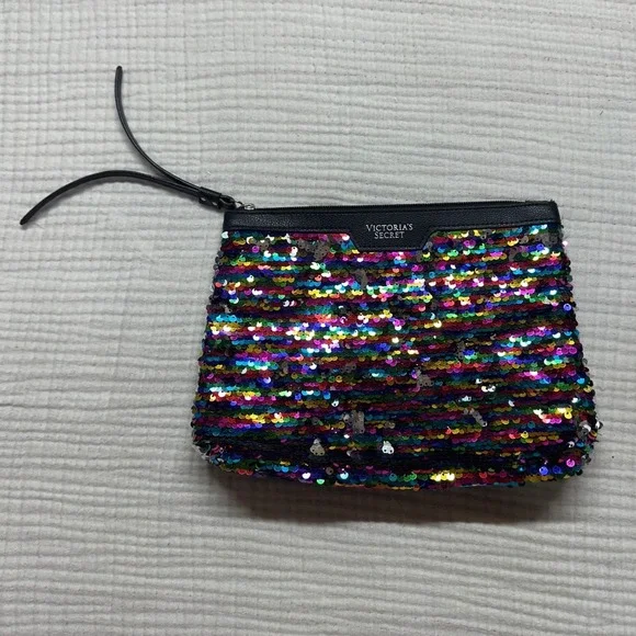Victoria's Secret Black Flip Rainbow Sequin Bling cosmetic pouch bag purse Y2K