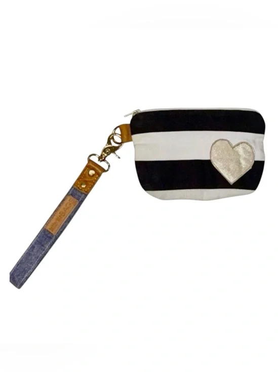 Betterlife Bags Striped Zip Pouch with a Denim Wrist Strap, Black White Blue