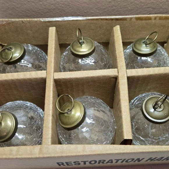 Restoration Hardware Crackle Glass Ornaments Set of‎ 6 Clear Brass Vintage Style