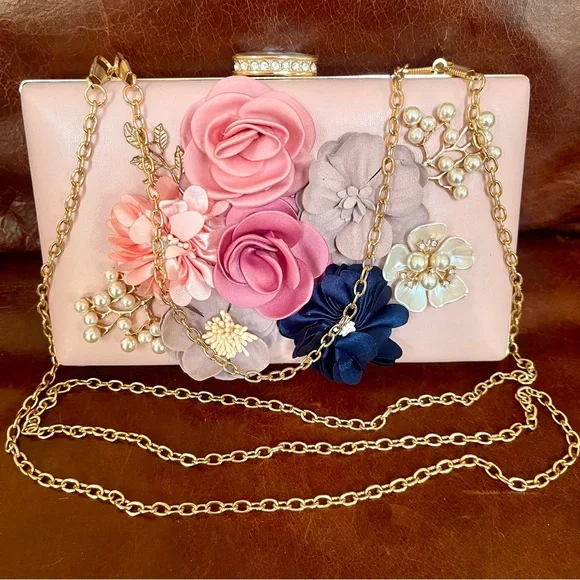 Elegant Floral & Pearl & Crystal Embellished Evening Clutch & Crossbody Bag
