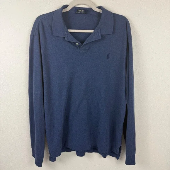 Polo Ralph Lauren Mens XL Long Sleeve Polo Shirt Heather Blue Cotton Jersey Logo