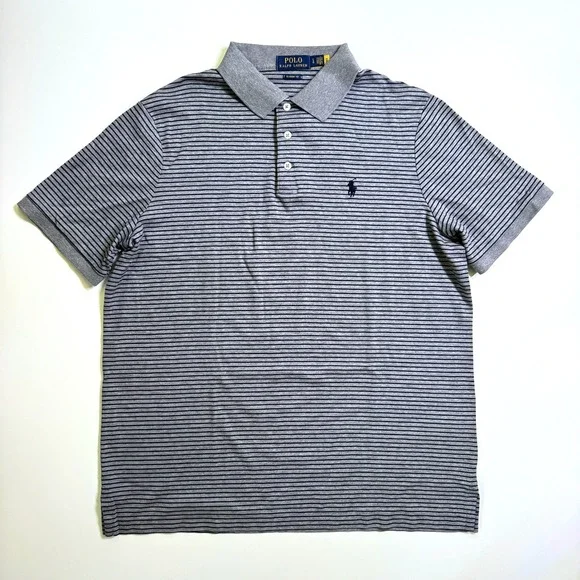 Polo Ralph Lauren Polo Shirt Large Grey Navy Striped Classic Fit Cotton Pony