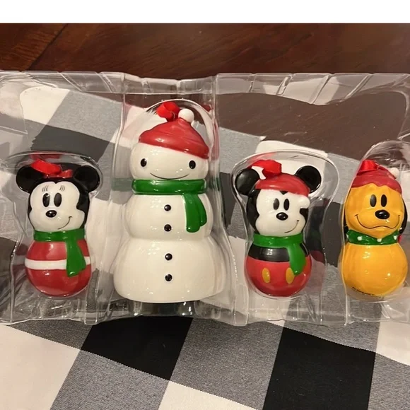 Vintage Disney Store Snowman Pluto Mickey Minnie Mouse Christmas Ornament Set 4