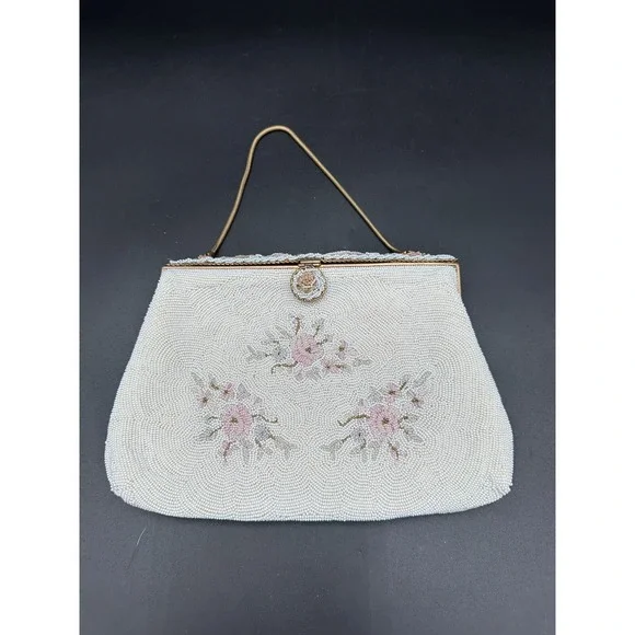 RARE VINTAGE PETITE POINT BEADED HOMEMADE IN‎ FRANCE FLORAL HANDBAG