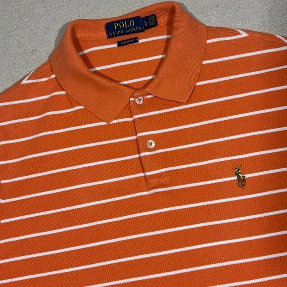Polo Ralph Lauren Classic Fit Striped Polo Shirt Orange White Large‎ Flesh Pony