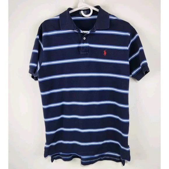 Polo Ralph Lauren Striped Polo Shirt Men Med Navy Preppy Cotton Short Sleeve