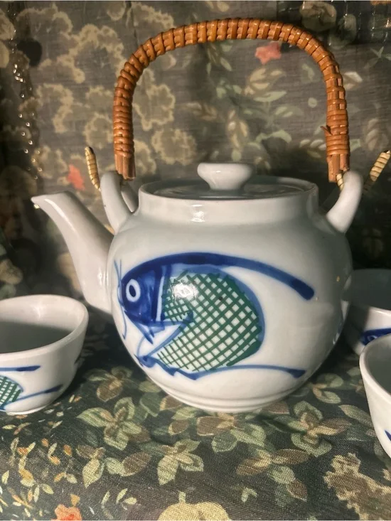 Ceramic Fish Teapot Set in White and Blue with Green Accents