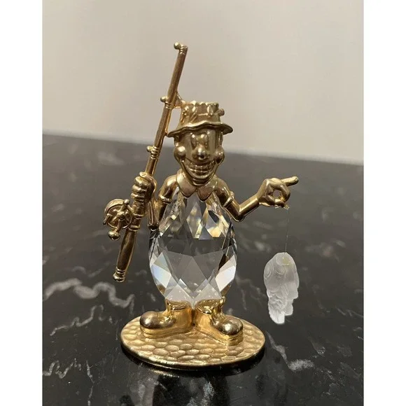 Vintage Manon 1984 Clown Fisherman With Crystal Belly & Fishing Pole Gold 2.75