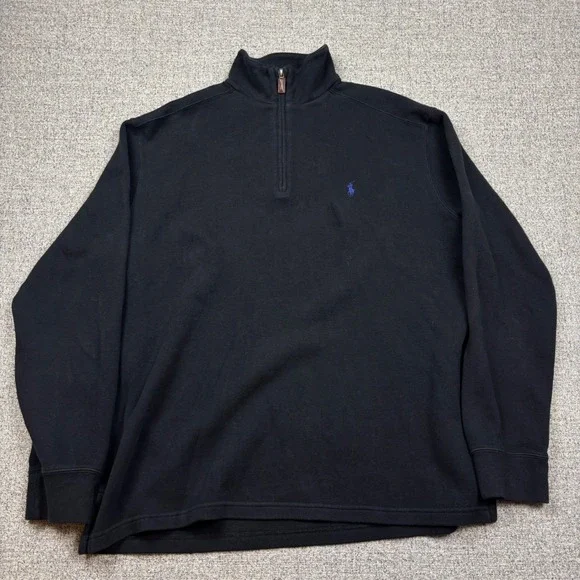 Polo Ralph Lauren Mens Quarter Zip Pullover Black Cotton Sweater Large Pony Logo