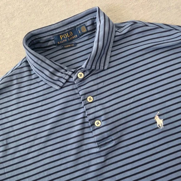 Polo Ralph Lauren Mens Large Classic Fit Blue Striped Short Sleeve Polo Shirt
