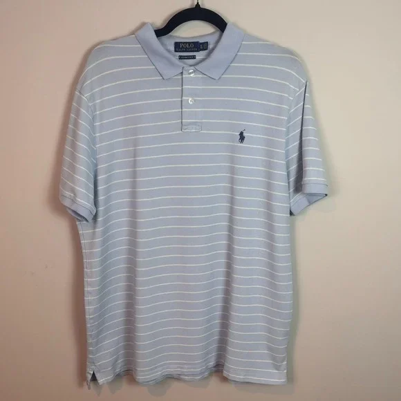 Polo Ralph Lauren Mens Blue White Striped Custom Slit Fit Short Sleeve Polo XL