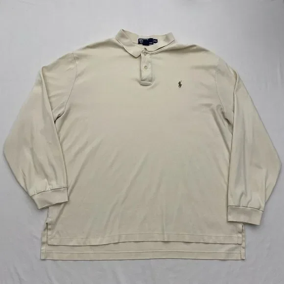 Polo Ralph Lauren Long Sleeve Polo Shirt Cotton Mens 2XL Beige Classic Preppy