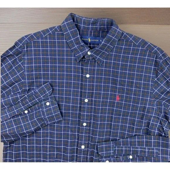 Polo‎ Ralph Lauren Shirt Men Sz XL Long Sleeve Plaid Checks Cotton Blue Pony