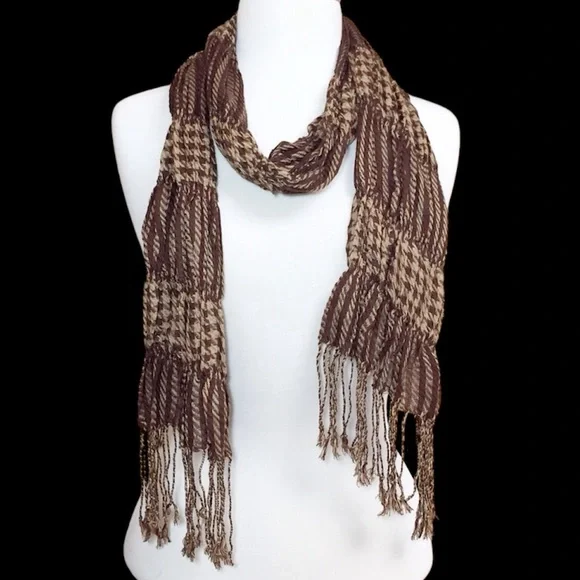 Brown Tan Plaid Medium Weight Fringe Scarf