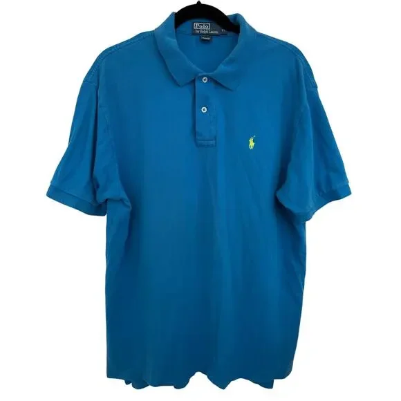 Polo By Ralph Lauren Blue Short Sleeve Polo Yellow Embroidered Pony XL Preppy