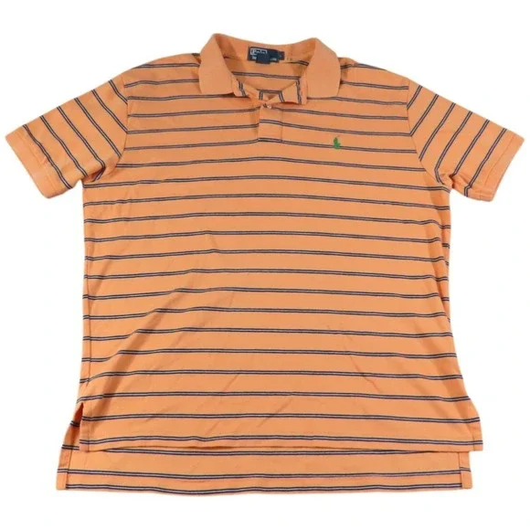 Polo Ralph Lauren Shirt Mens L Orange Striped Classic Fit Cotton Pique Polo Pony