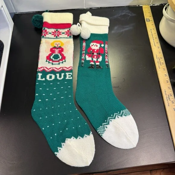Vintage‎ Knit Christmas Stockings Santa Angel  Pair Holiday Decor Retro