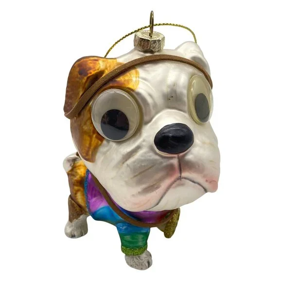 Bull Dog Hippie peach rainbow google eye Glass Christmas tree ornament