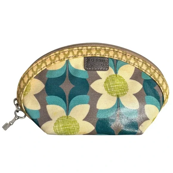 Fossil Key-Per | Retro Floral Coated Canvas Cosmetic Makeup Bag | Teal Green
