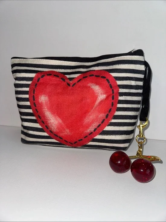 Heart Cosmetic Bag & Red Cherry Charm