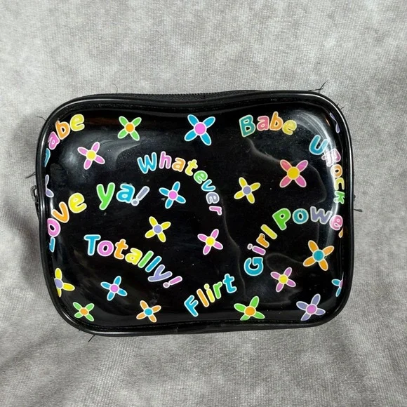 Vtg‎ 90s Y2K Black Patent Makeup Bag Pouch Girl Power Whatever Retro Rainbow EUC