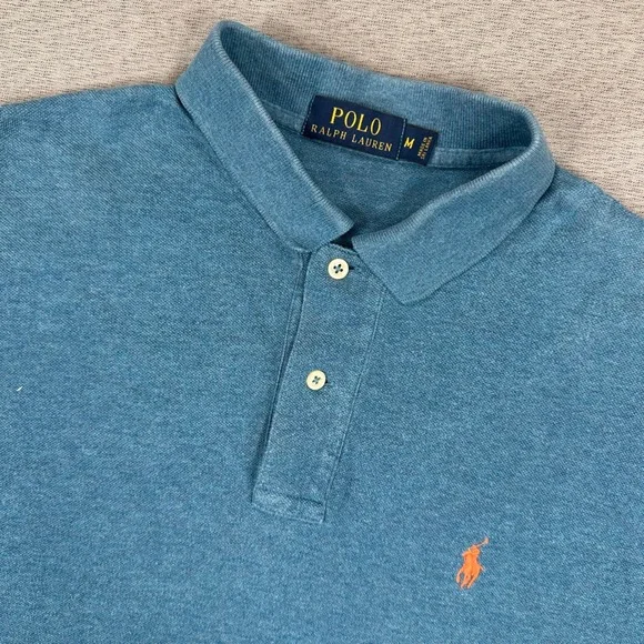 Ralph Lauren Polo Shirt Mens Medium Teal Blue Heathered Cotton Pique Mesh Preppy