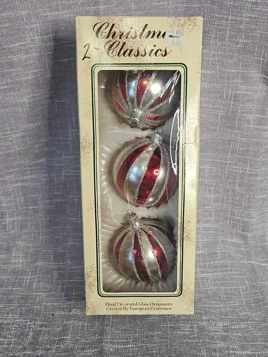 Red & Silver Striped Glass Ornament Set - 3 Pack