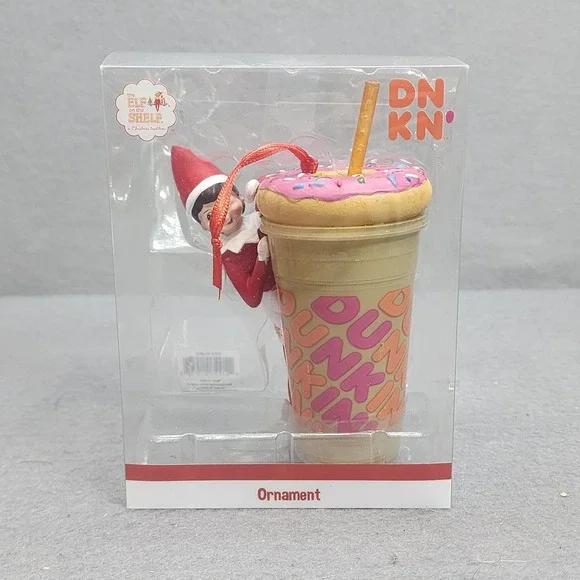 Elf‎ on the Shelf Dunkin Iced Coffee Donut Ornament Red Tan 2021 NEW