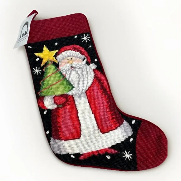 Cross Stitch Needle Point Christmas Stocking Stephanie Stouffer NWT Santa Claus
