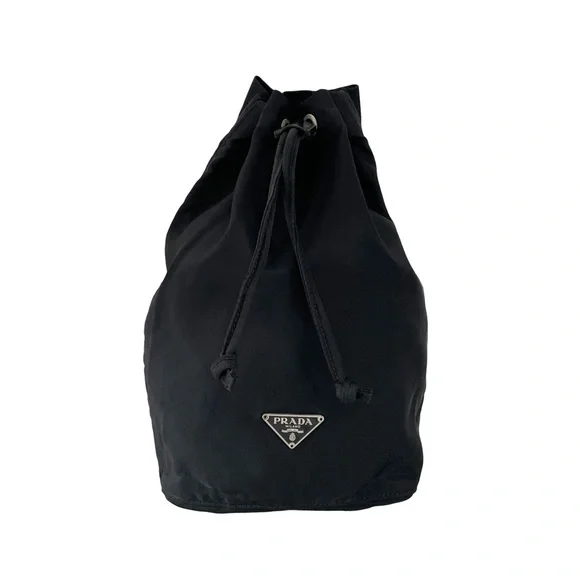Prada black nylon triangle logo drawstring cosmetic pouch bag