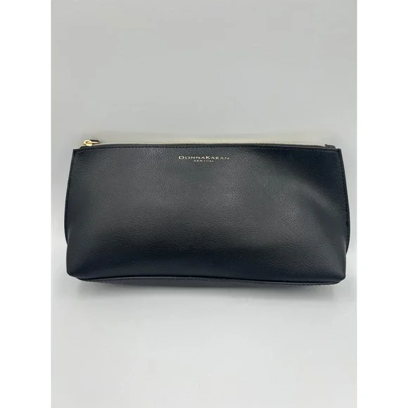 Donna Karan New York Black Pebbled Faux Leather Cosmetic Bag Gold Zip Pouch